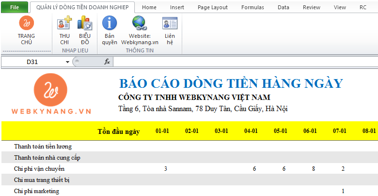 Bảng excel tính dòng tiền