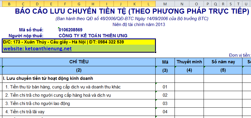 Lập báo cáo dòng tiền nhanh chóng