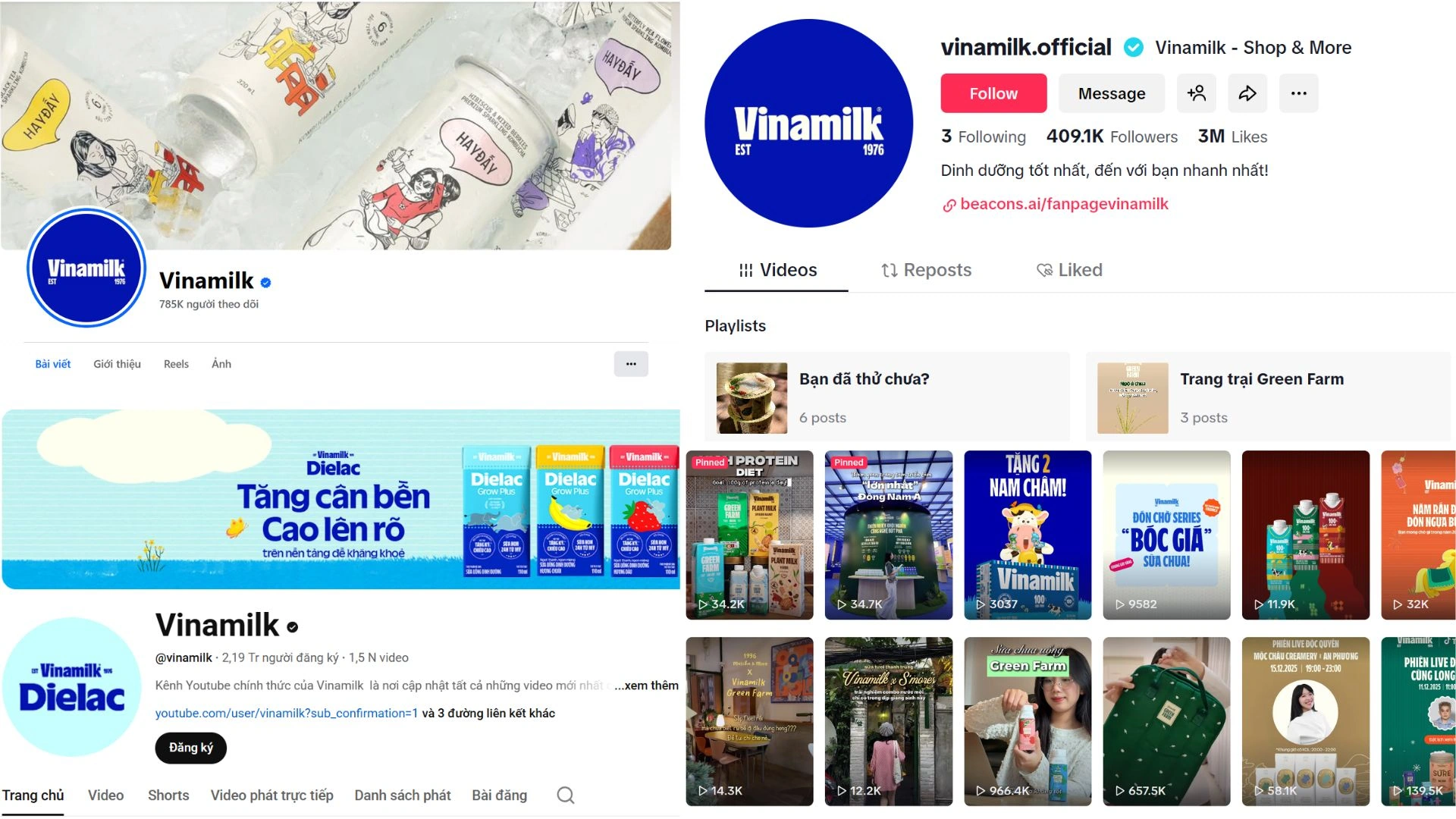 Các kênh chính thức của Vinamilk trên các nền tảng mạng xã hội